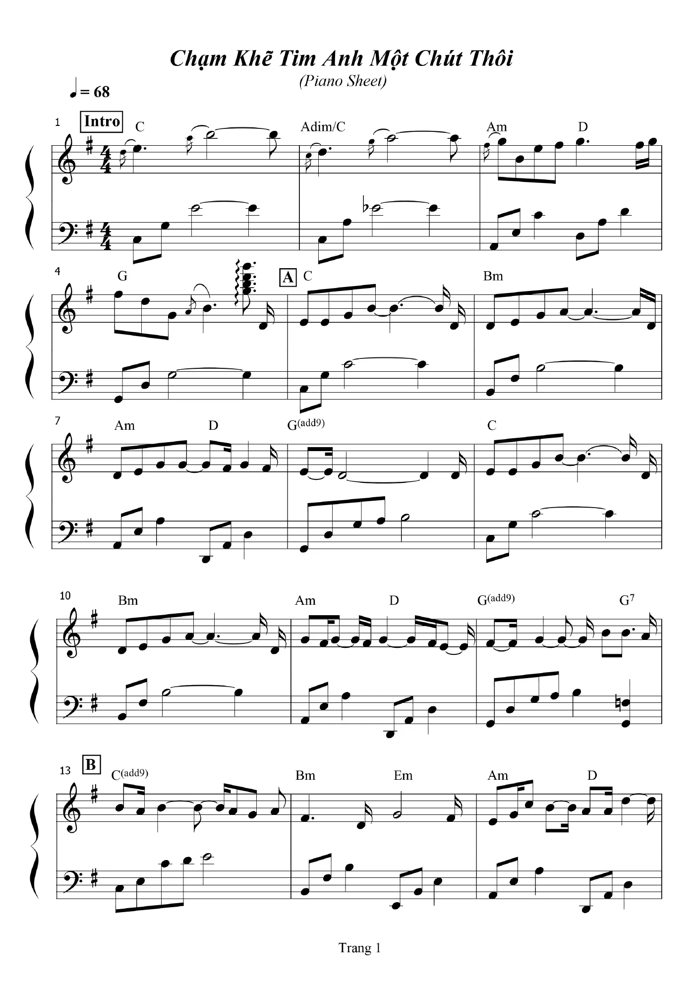 Cham Khe Tim Anh Mot Chut Thoi.PianoSheet – page 1